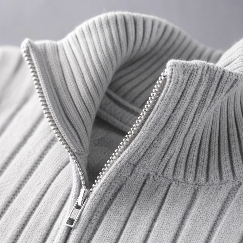 Full Zip Knit Sweater Ribbed Stand Collar Light gray – Fabric and Detail Close-Up