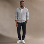 Full Zip Knit Sweater Ribbed Stand Collar Light gray – Full Look