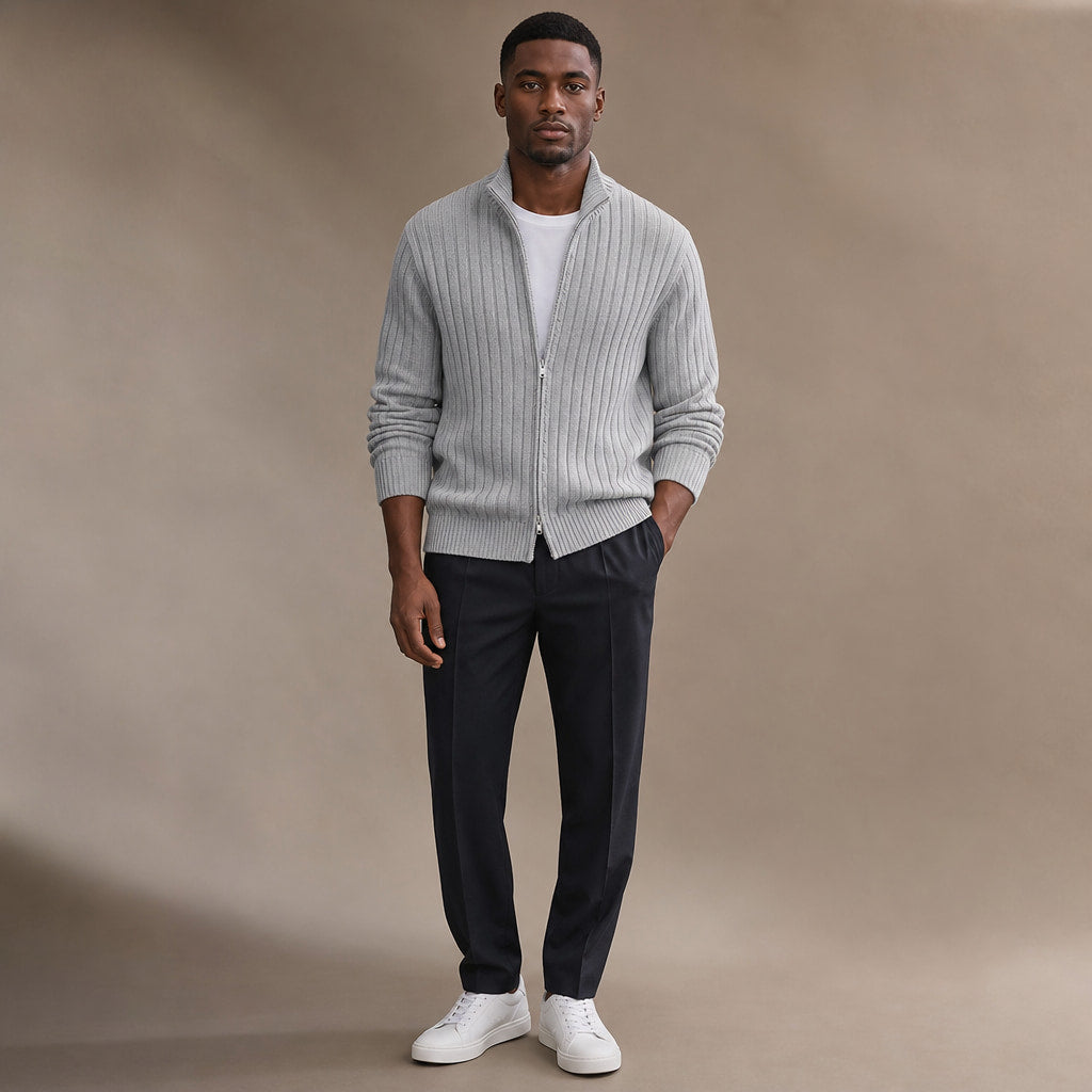 Full Zip Knit Sweater Ribbed Stand Collar Light gray – Full Look