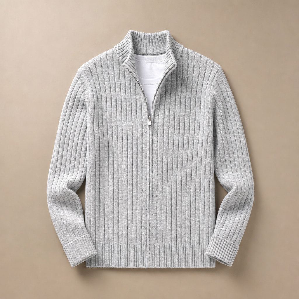 Full Zip Knit Sweater Ribbed Stand Collar Light gray – Product Photo