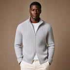 Full Zip Knit Sweater Ribbed Stand Collar in Light gray – Tarlano Premium Menswear