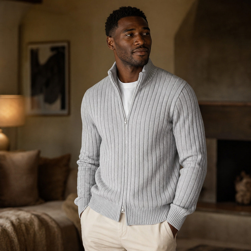 Full Zip Knit Sweater Ribbed Stand Collar Light gray – Styled Editorial Shot