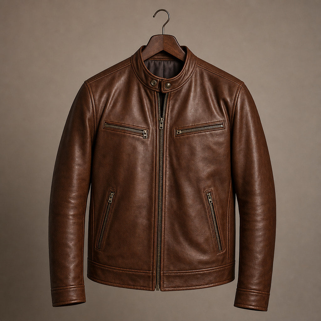 Vintage Leather Jacket Zip Front Brown – Product Photo