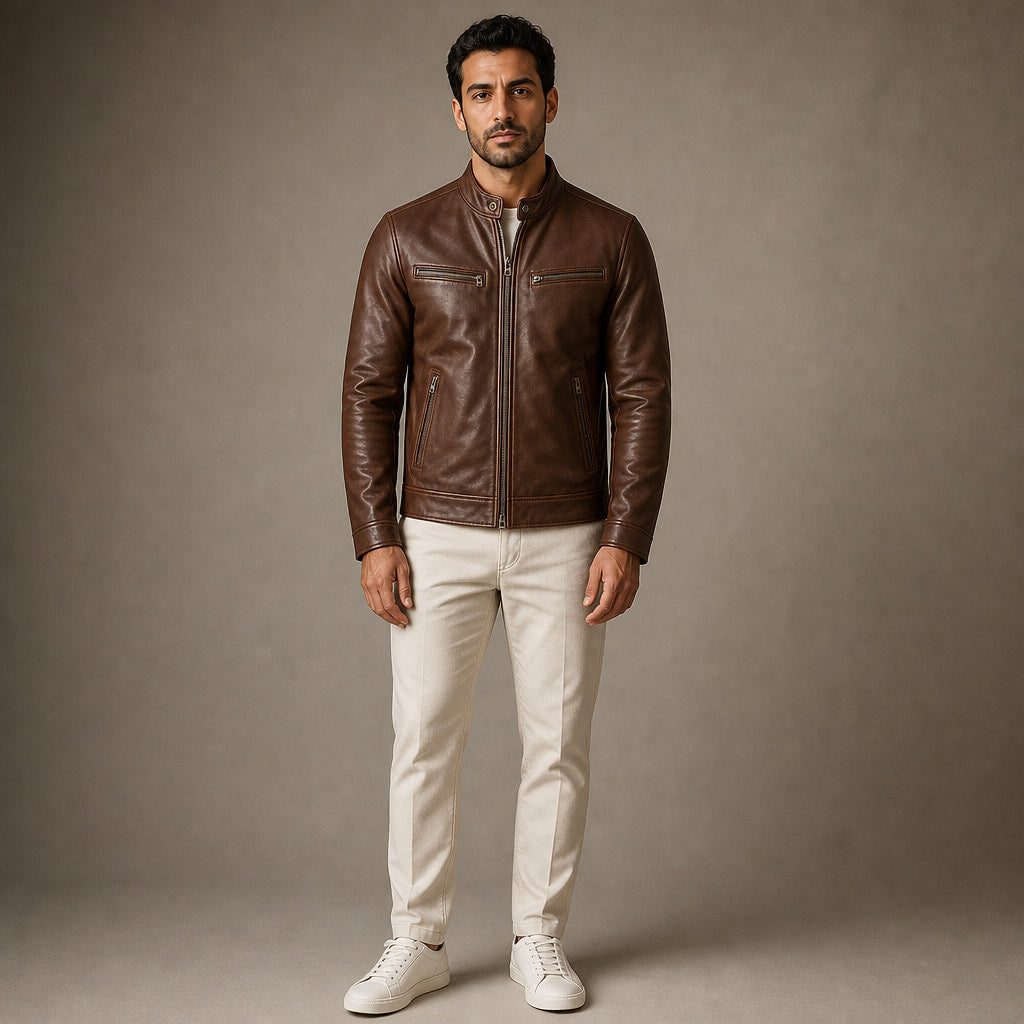 Vintage Leather Jacket Zip Front in Brown – Tarlano Premium Menswear