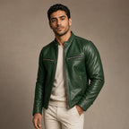 Vintage Leather Jacket Zip Front Green – Side Angle View