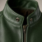 Vintage Leather Jacket Zip Front Green – Fabric and Detail Close-Up