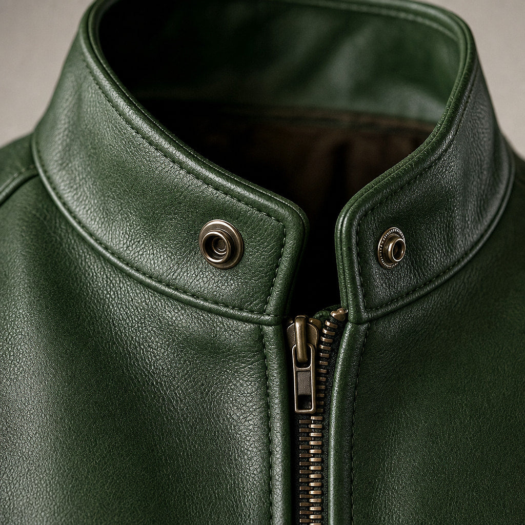 Vintage Leather Jacket Zip Front Green – Fabric and Detail Close-Up