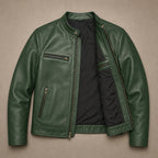 Vintage Leather Jacket Zip Front Green – Flat Lay Product Photo