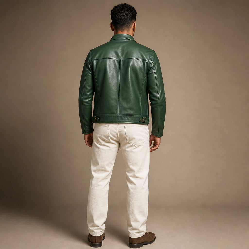 Vintage Leather Jacket Zip Front Green – Full Look