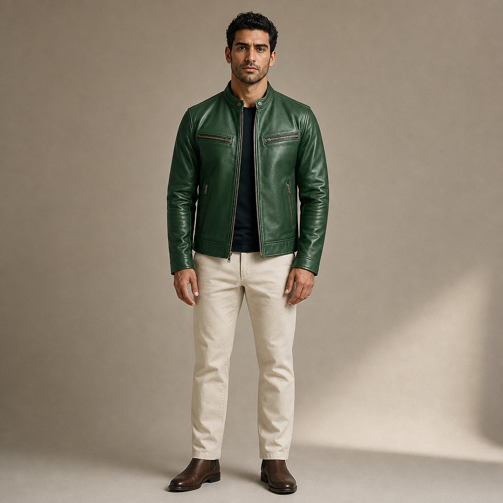 Vintage Leather Jacket Zip Front in Green – Tarlano Premium Menswear
