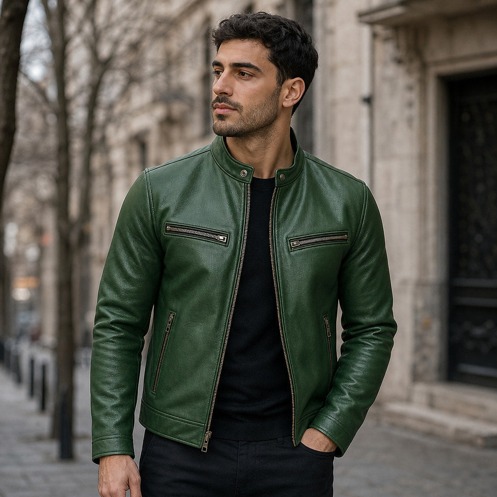 Vintage Leather Jacket Zip Front Green – Styled Editorial Shot