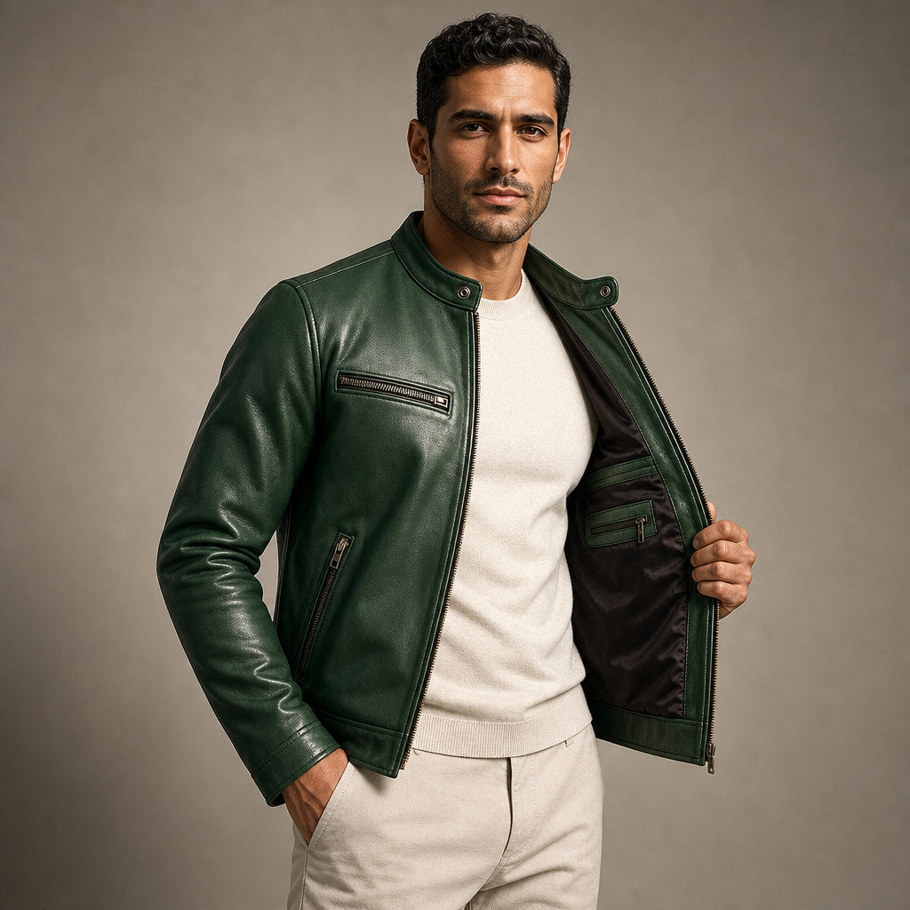 Vintage Leather Jacket Zip Front Green – Interior Lining Detail