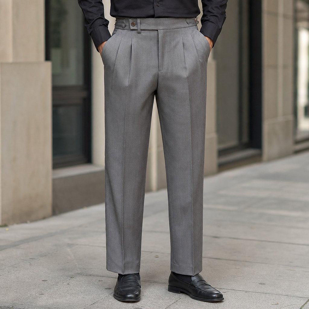 Dress Pants Stretch Cotton Twill Tailored Leg Grey – Styled Editorial Shot