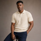 Polo Shirt Textured Knit Short Sleeve Beige – Product Photo
