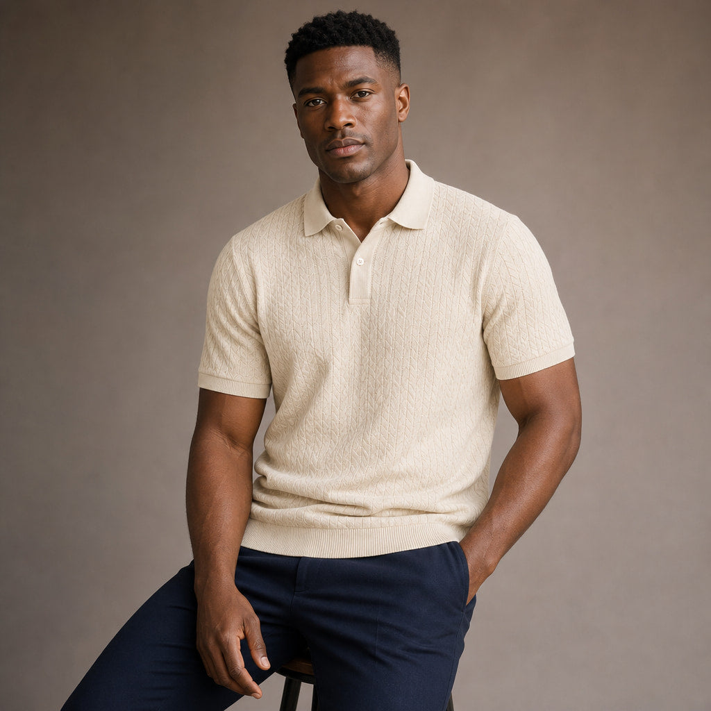 Polo Shirt Textured Knit Short Sleeve Beige – Product Photo