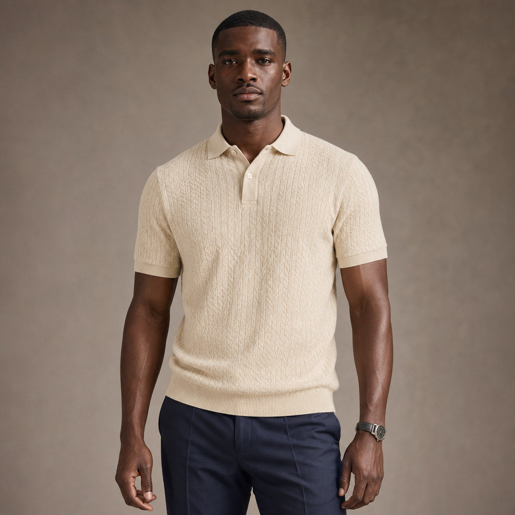 Polo Shirt Textured Knit Short Sleeve in Beige – Tarlano Premium Menswear