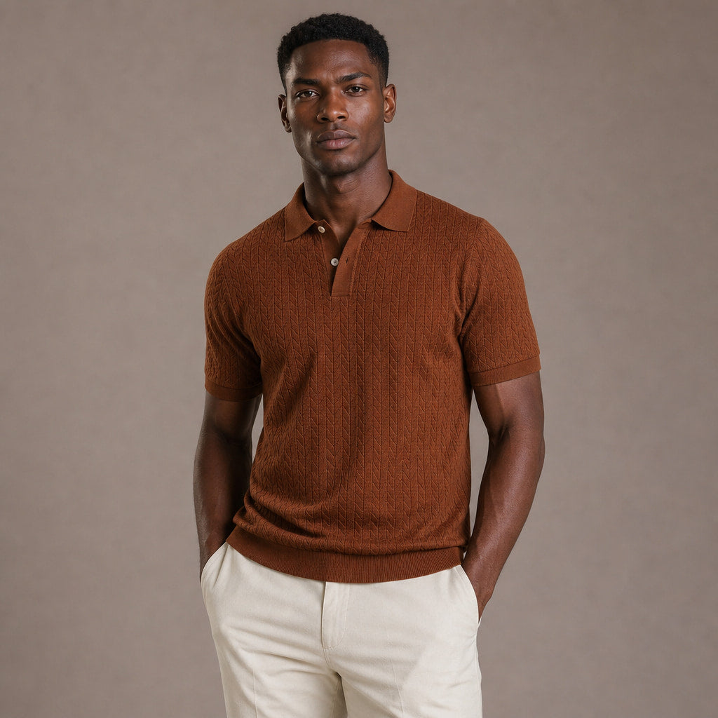 Polo Shirt Textured Knit Short Sleeve Brown – Product Photo