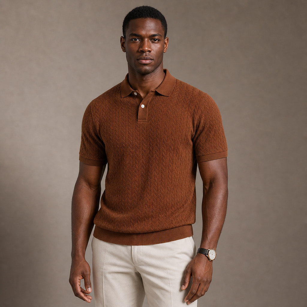 Polo Shirt Textured Knit Short Sleeve in Brown – Tarlano Premium Menswear