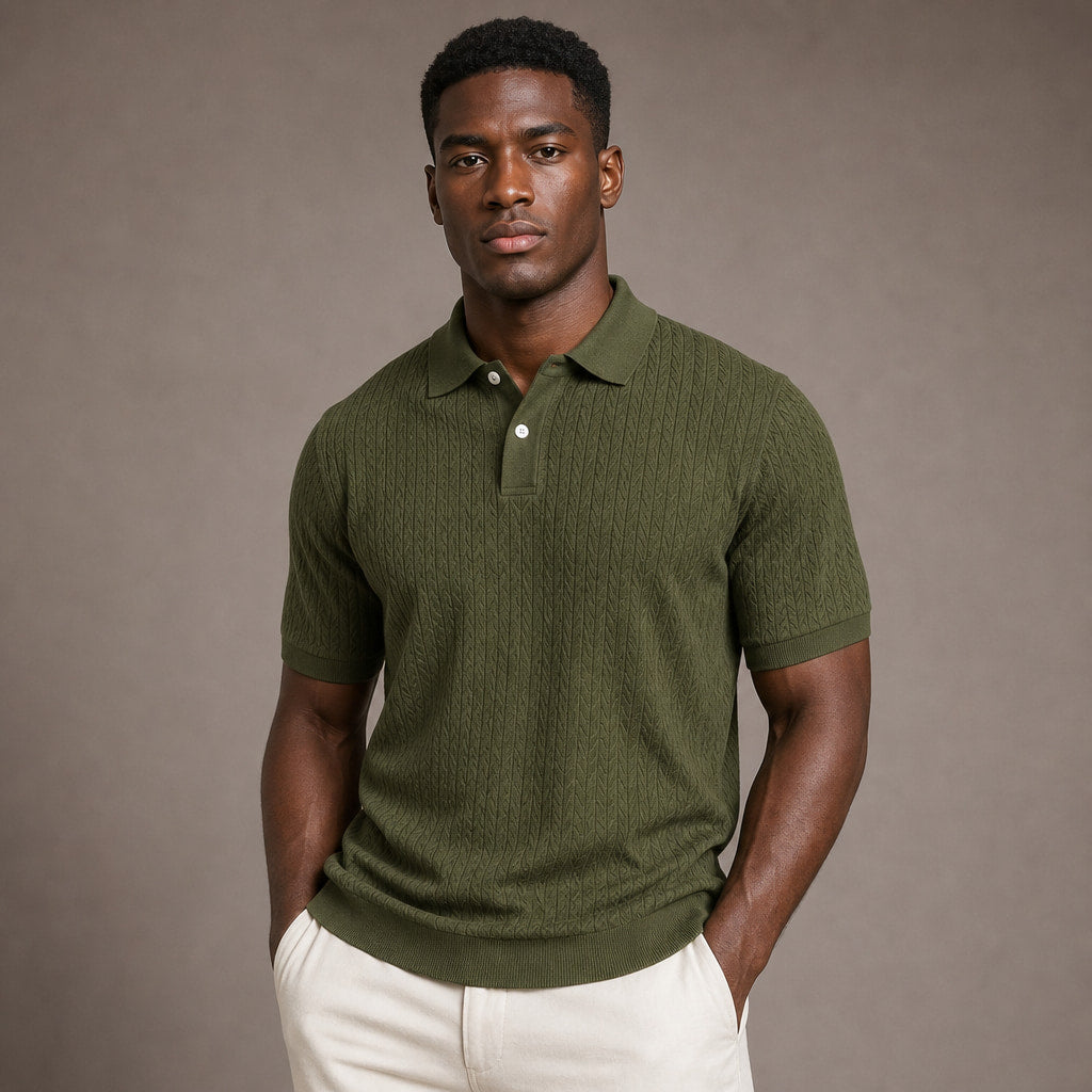Polo Shirt Textured Knit Short Sleeve Green – Product Photo