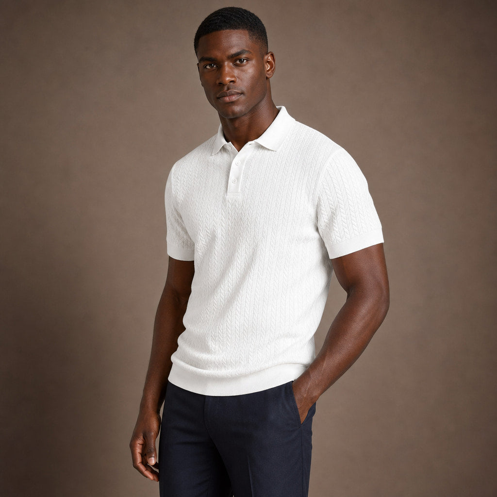 Polo Shirt Textured Knit Short Sleeve White – Side Angle View