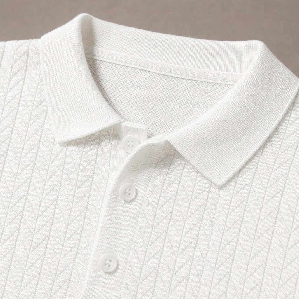 Polo Shirt Textured Knit Short Sleeve White – Fabric and Detail Close-Up