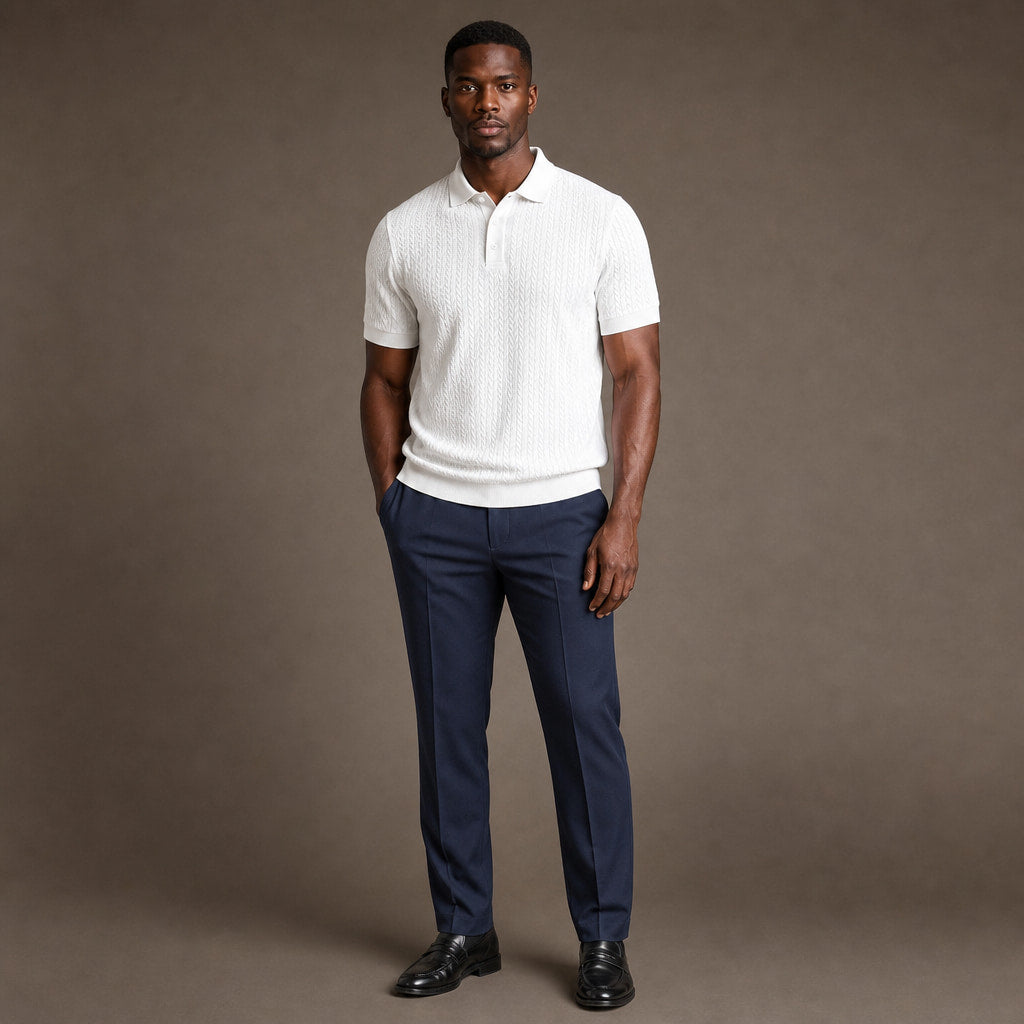 Polo Shirt Textured Knit Short Sleeve White – Full Look