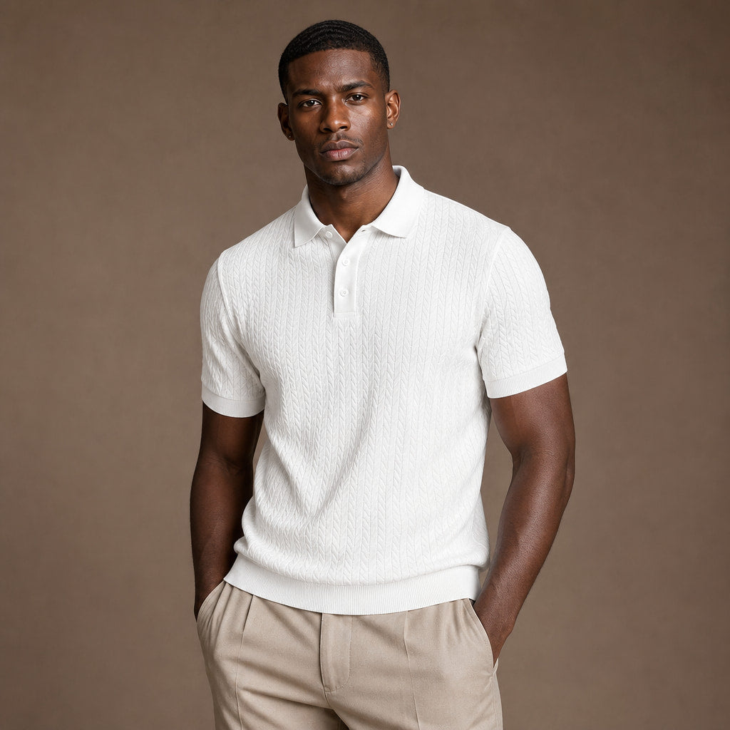 Polo Shirt Textured Knit Short Sleeve White – Product Photo