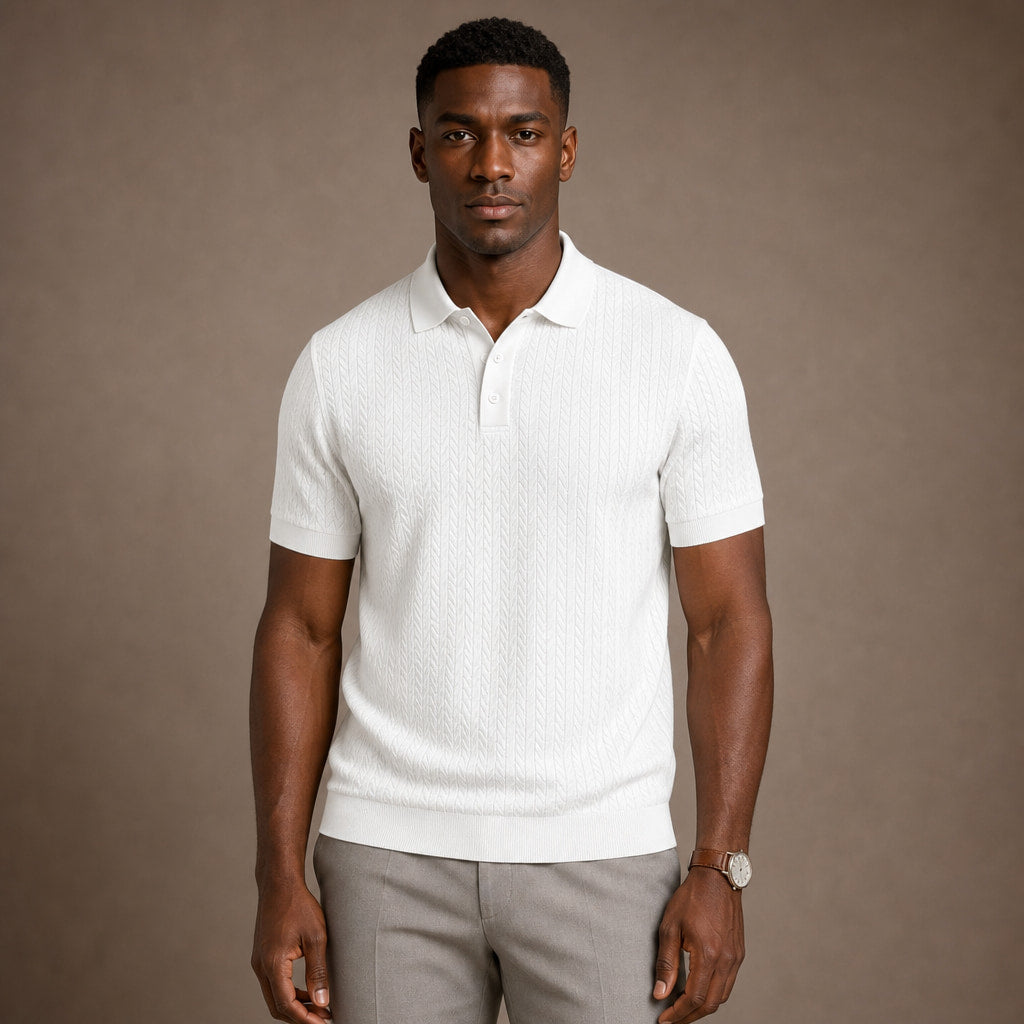 Polo Shirt Textured Knit Short Sleeve in White – Tarlano Premium Menswear