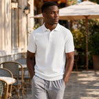 Polo Shirt Textured Knit Short Sleeve White – Styled Editorial Shot