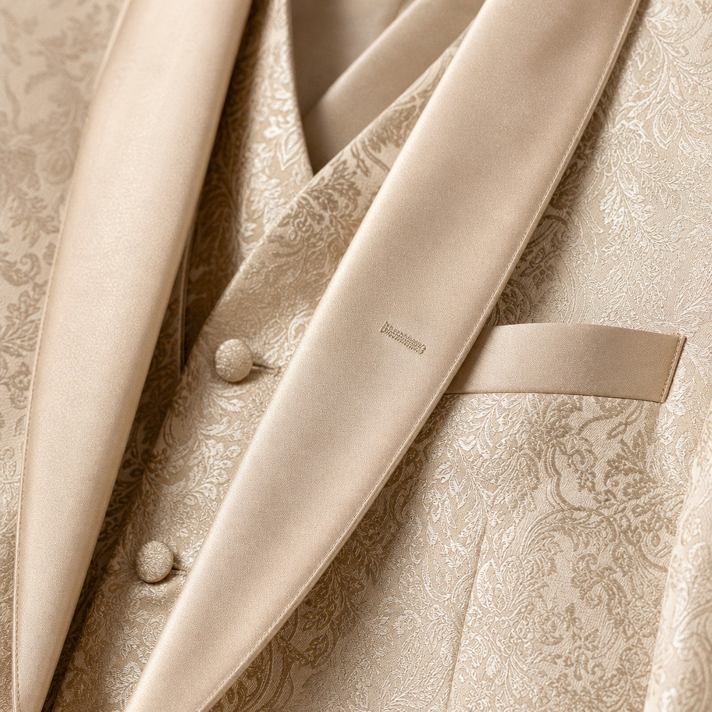 Damask Tuxedo Shawl Lapel Champagne Gold Champagne Beige / Gold – Fabric and Detail Close-Up