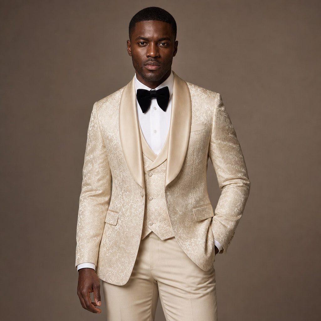 Damask Tuxedo Shawl Lapel Champagne Gold Champagne Beige / Gold – Full Look