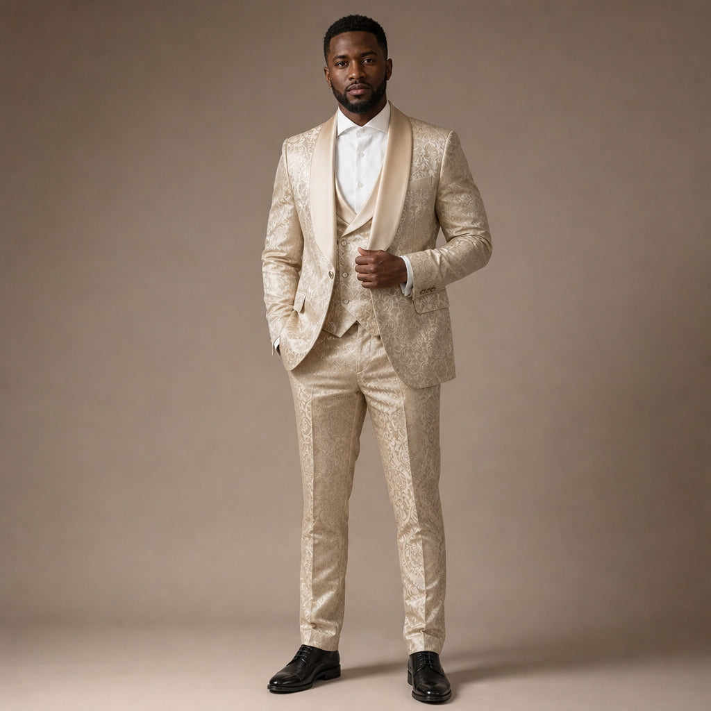 Damask Tuxedo Shawl Lapel Champagne Gold in Champagne Beige / Gold – Tarlano Premium Menswear