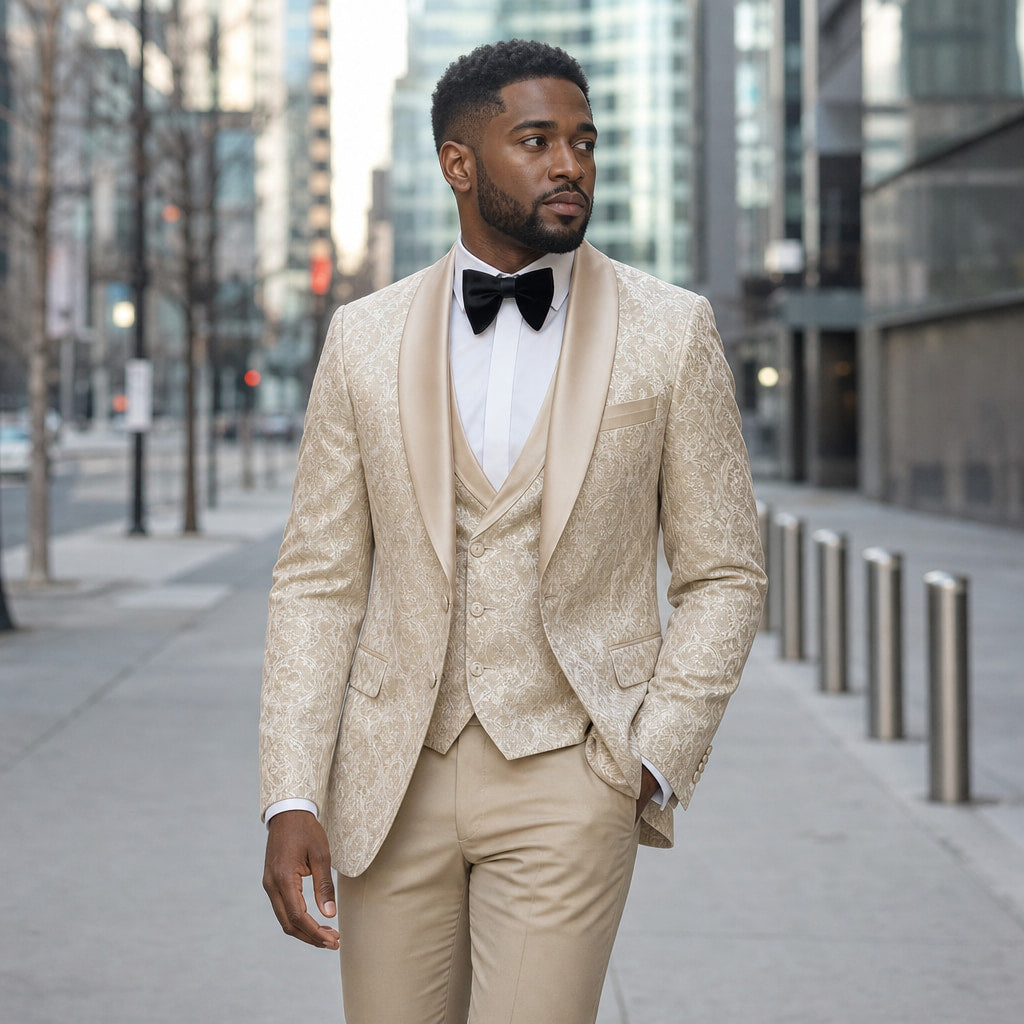 Damask Tuxedo Shawl Lapel Champagne Gold Champagne Beige / Gold – Styled Editorial Shot