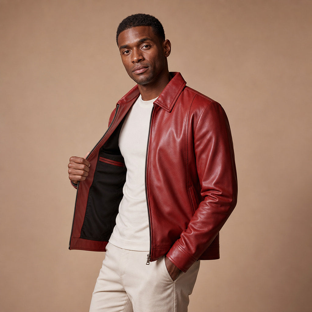 Buster Brick Red Biker Style Leather Jacket For Men Red – Side Angle View