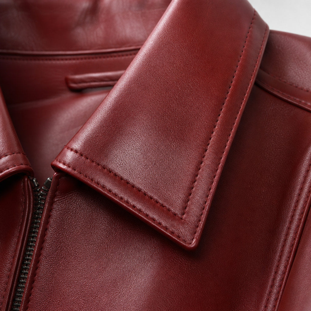 Buster Brick Red Biker Style Leather Jacket For Men Red – Fabric and Detail Close-Up