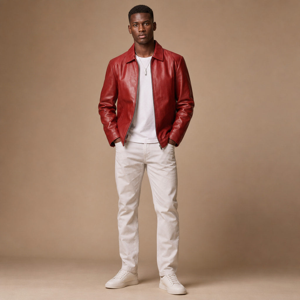 Buster Brick Red Biker Style Leather Jacket For Men Red – Full Look