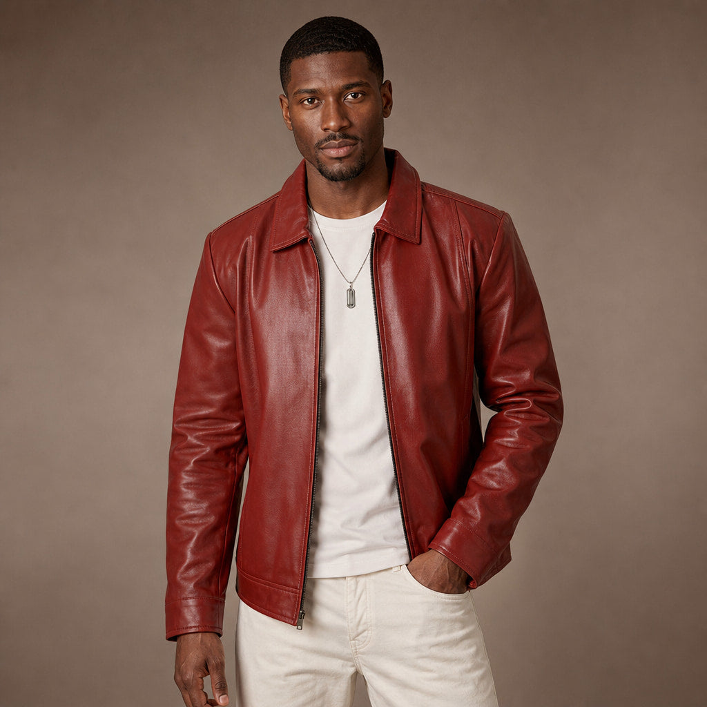 Buster Brick Red Biker Style Leather Jacket For Men Red – Product Photo