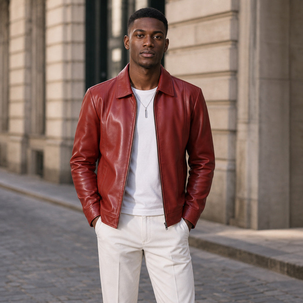 Buster Brick Red Biker Style Leather Jacket For Men Red – Styled Editorial Shot