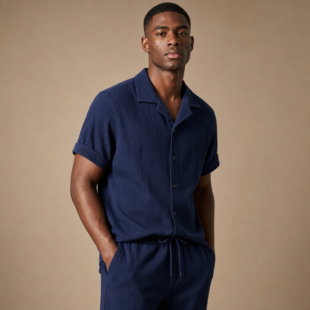 Button Up Shirt and Straight Leg Pants 2-Piece Set Island Print Navy – Side Angle View