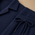 Button Up Shirt and Straight Leg Pants 2-Piece Set Island Print Navy – Fabric and Detail Close-Up