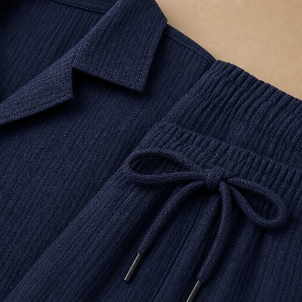 Button Up Shirt and Straight Leg Pants 2-Piece Set Island Print Navy – Fabric and Detail Close-Up