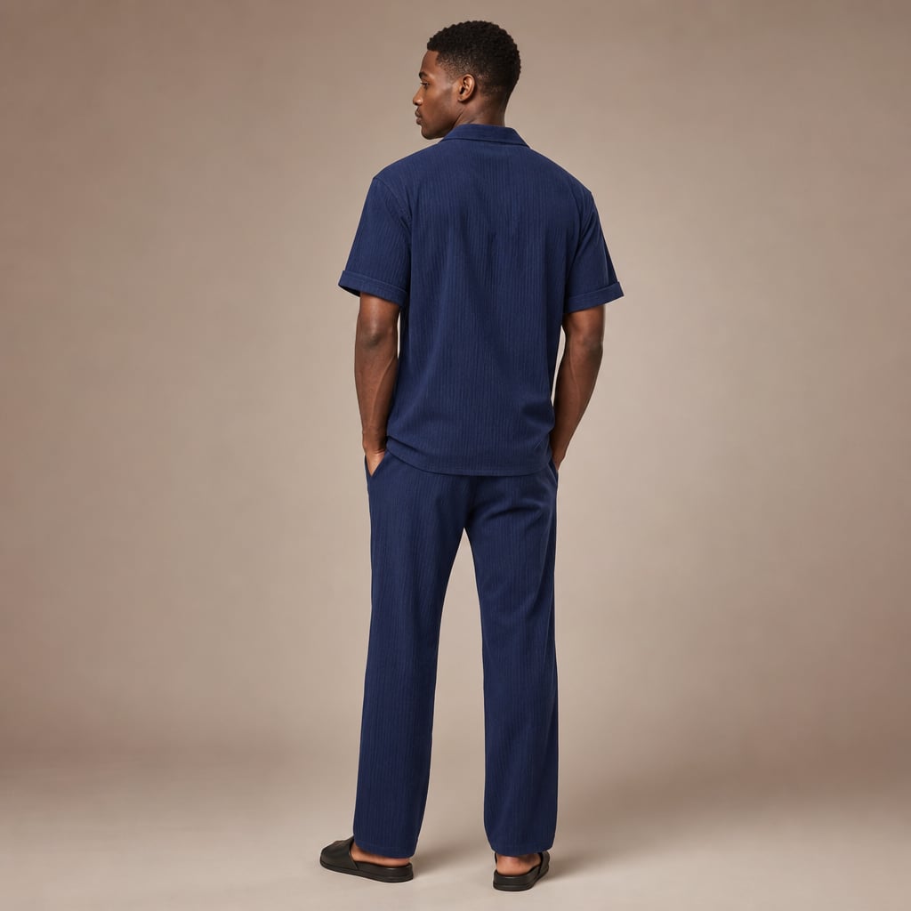 Button Up Shirt and Straight Leg Pants 2-Piece Set Island Print Navy – Full Look