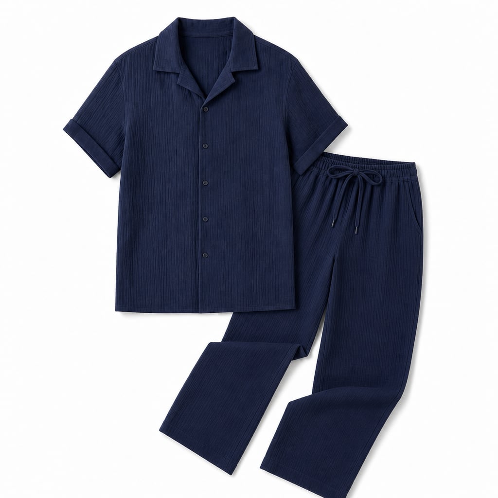 Button Up Shirt and Straight Leg Pants 2-Piece Set Island Print Navy – Product Photo