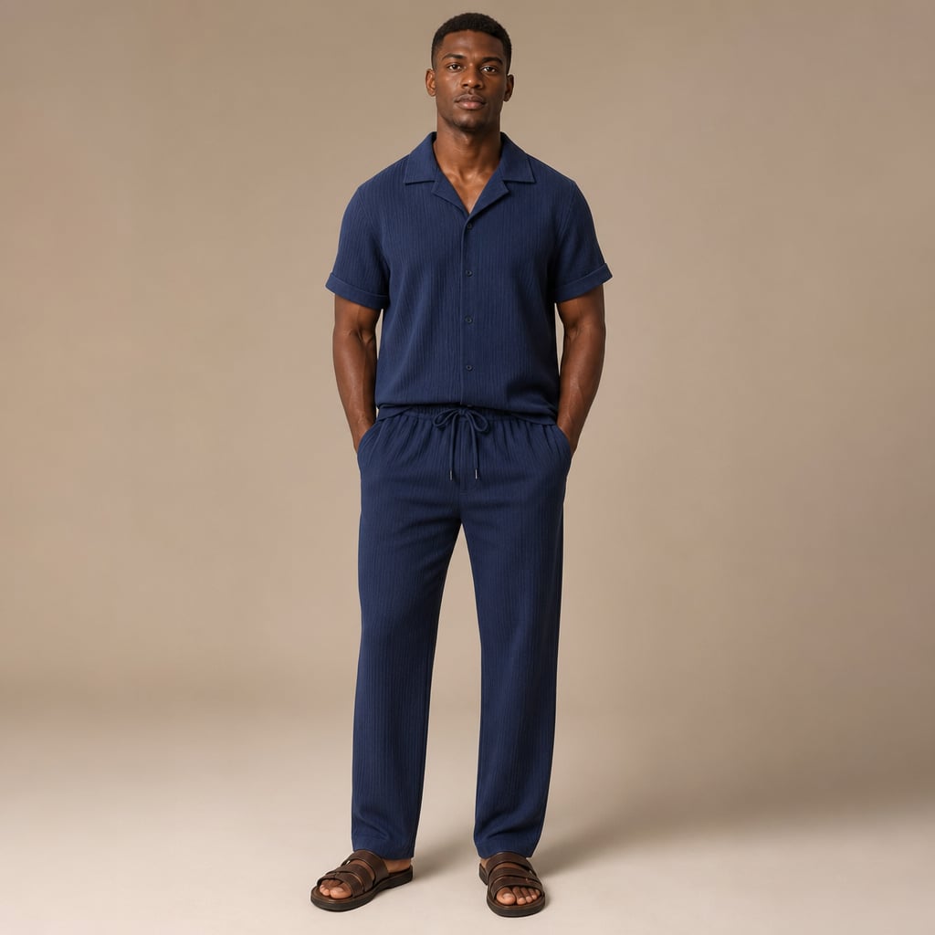 Button Up Shirt and Straight Leg Pants 2-Piece Set Island Print in Navy – Tarlano Premium Menswear