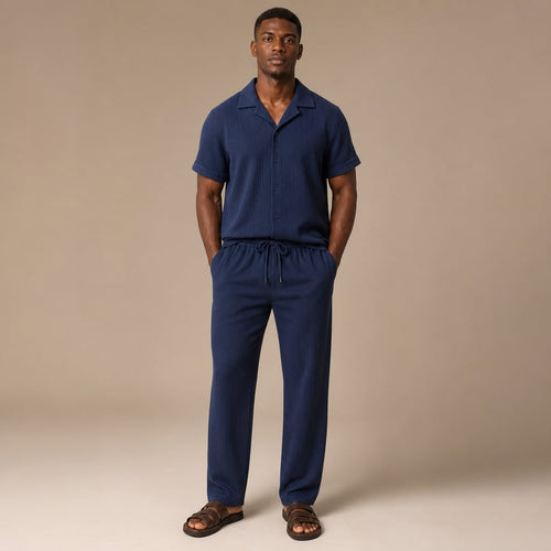 Button Up Shirt and Straight Leg Pants 2-Piece Set Island Print in Navy – Tarlano Premium Menswear