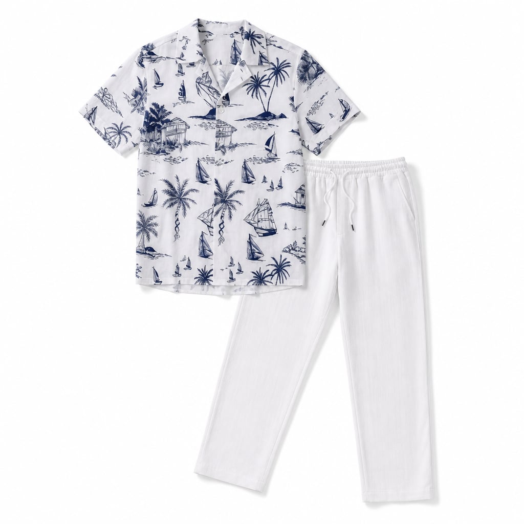 Button Up Shirt and Straight Leg Pants 2-Piece Set Island Print White – Product Photo