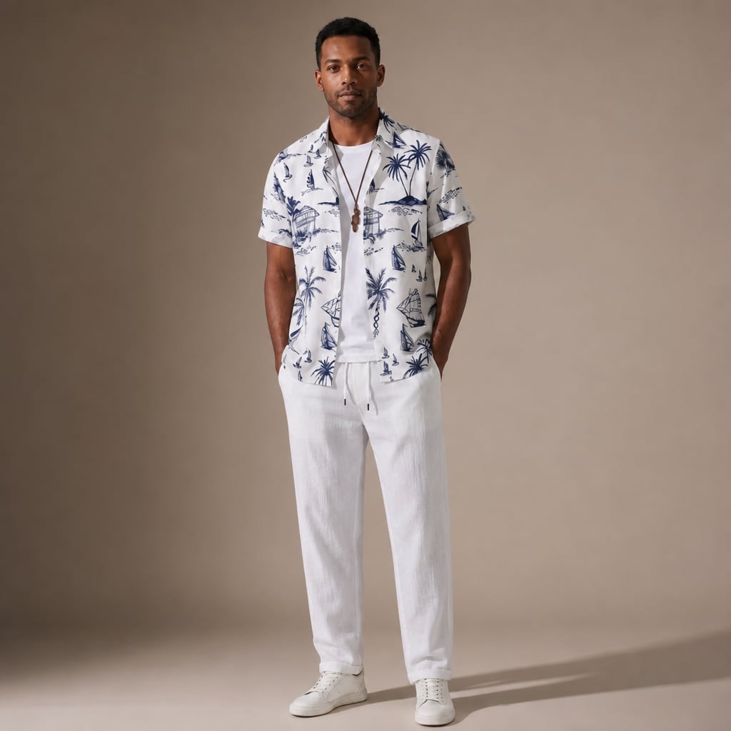 Button Up Shirt and Straight Leg Pants 2-Piece Set Island Print in White – Tarlano Premium Menswear