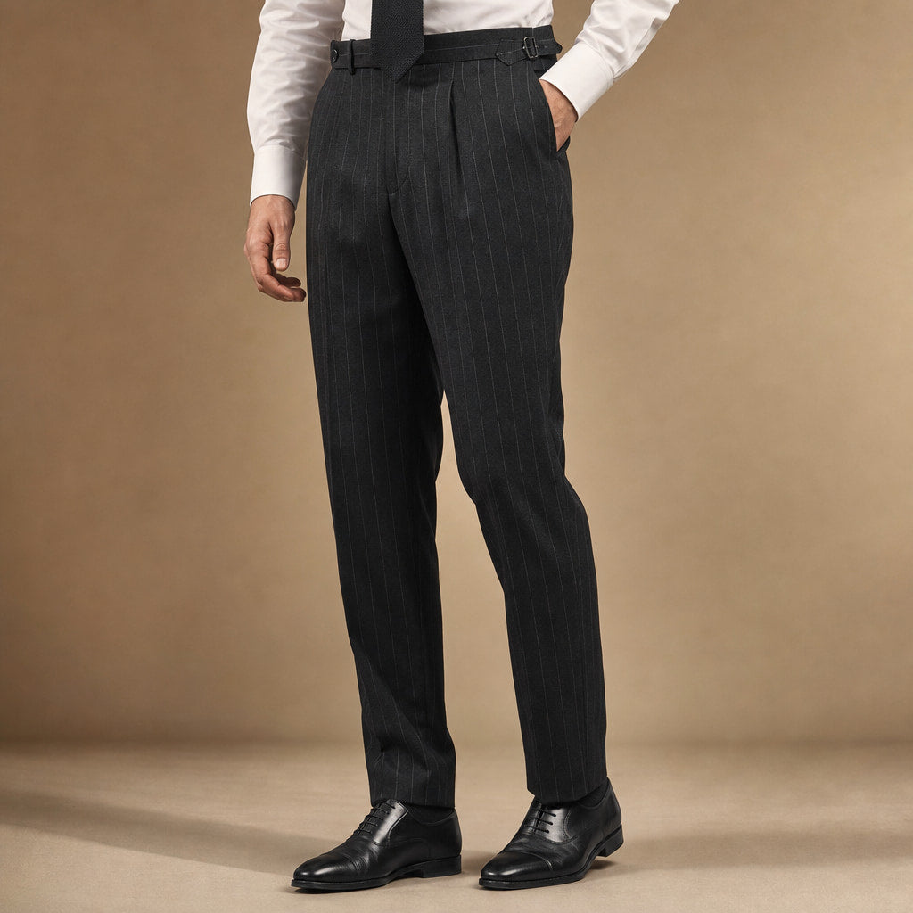 Dress Pants Pinstripe Pleated Front Black – Side Angle View