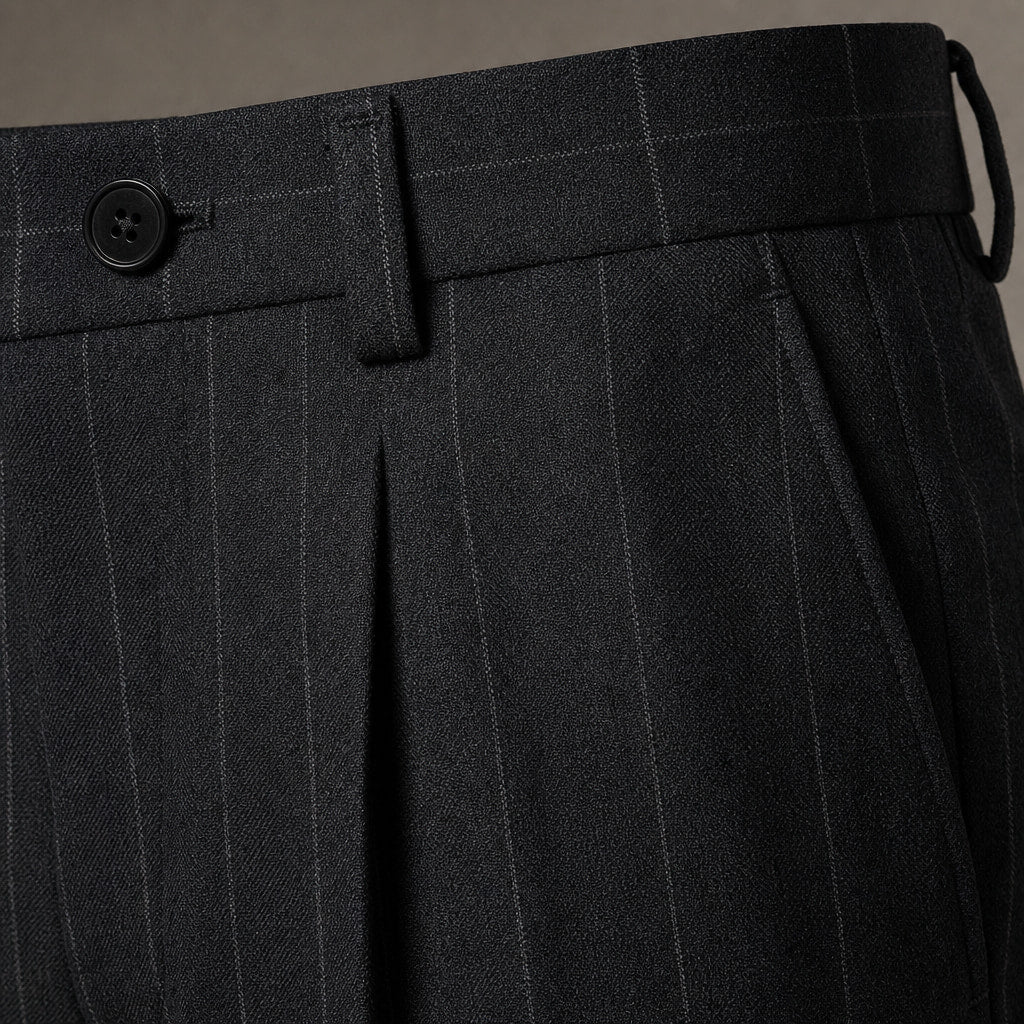 Dress Pants Pinstripe Pleated Front Black – Fabric and Detail Close-Up
