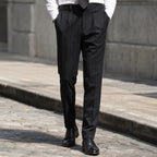 Dress Pants Pinstripe Pleated Front Black – Styled Editorial Shot